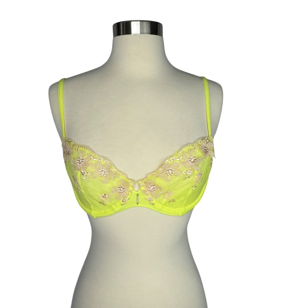 Victorias Secret 32D Yellow Floral Lace Push-Up‎ Without Padding Bra Rhinestone